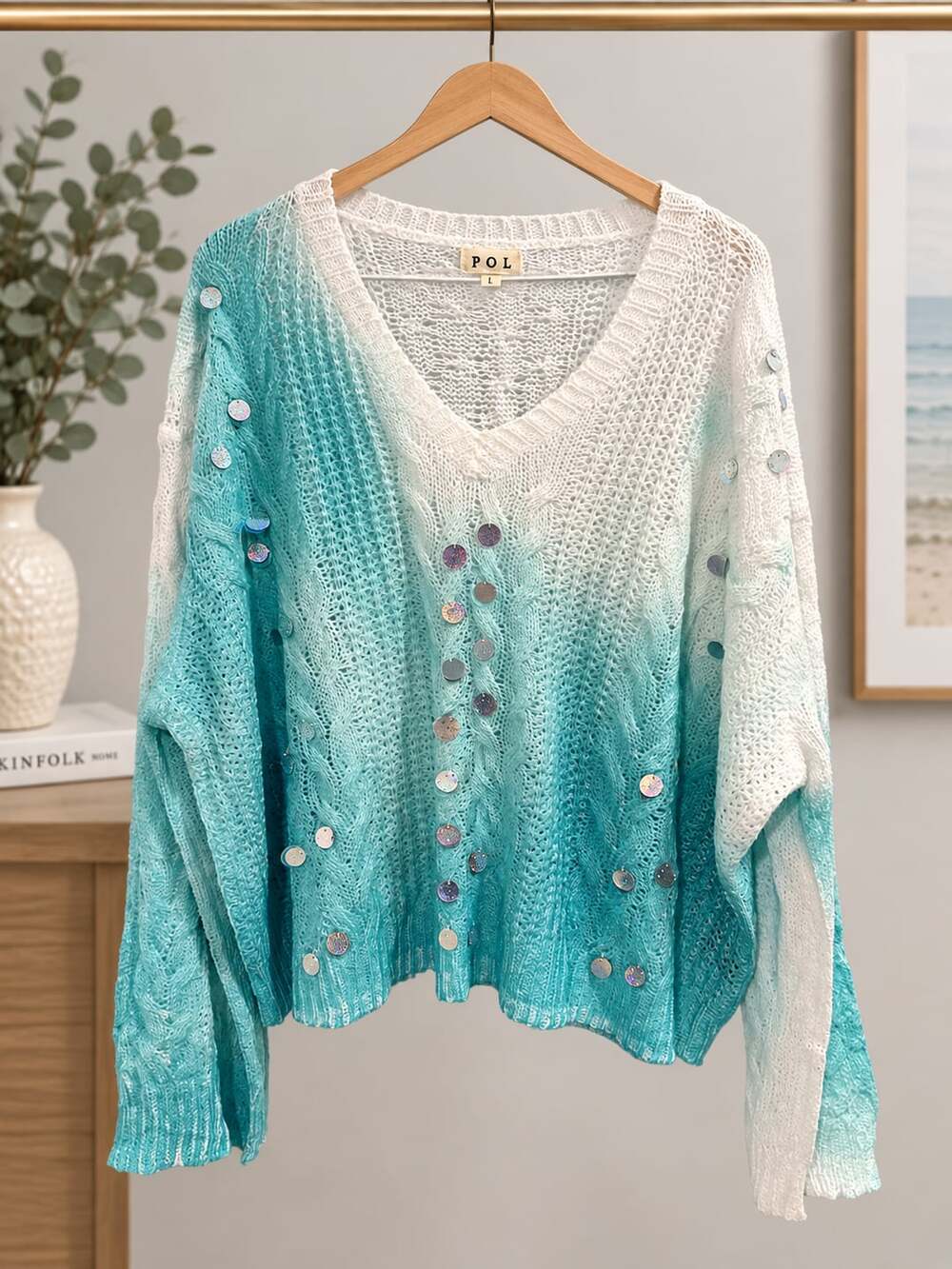NWOT POL Ombre Gradient V-Neck Cable Knit Sweater w  Sequin Details Size L YST83